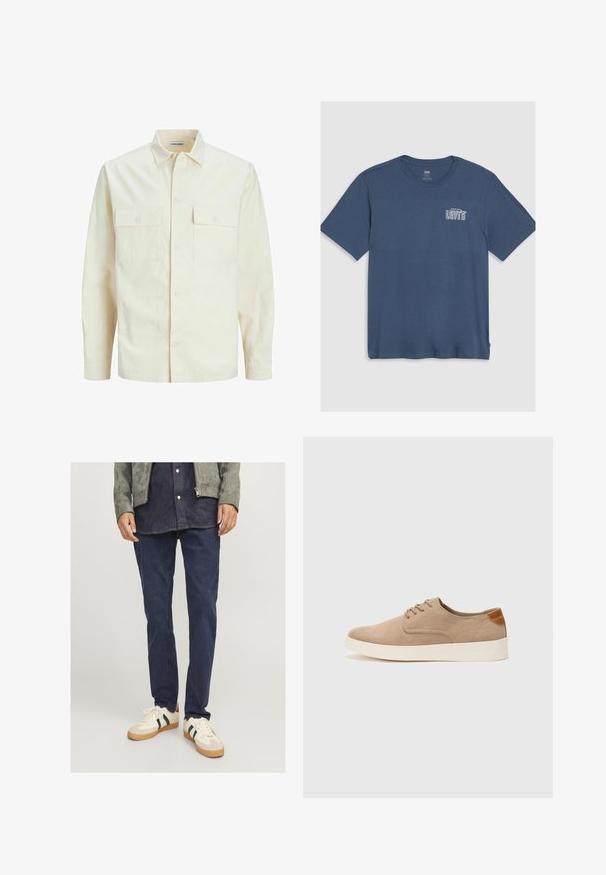 Svetlo béžová košeľa s dlhým rukávom, s golierom, dvoma prednými vreckami, zapínaním na gombíky a textúrovanou látkou.; Modrá bavlnená tričko s okrúhlym výstrihom a krátkymi rukávmi. Na ľavej strane hrude je natlačené biele logo "Levi's". Jednoduchý dizajn.; Tmavomodré džíny s rovný strihom, skombinované so sivou semišovou bundou a bielymi teniskami s zelenými a červenými pruhmi.; Béžové semišové tenisky s okrúhlou špičkou, šnurovaním vpredu a textúrovaným zadným akcentom. Biela gumová podrážka poskytuje kontrast. Jednoduchý a moderný dizajn.