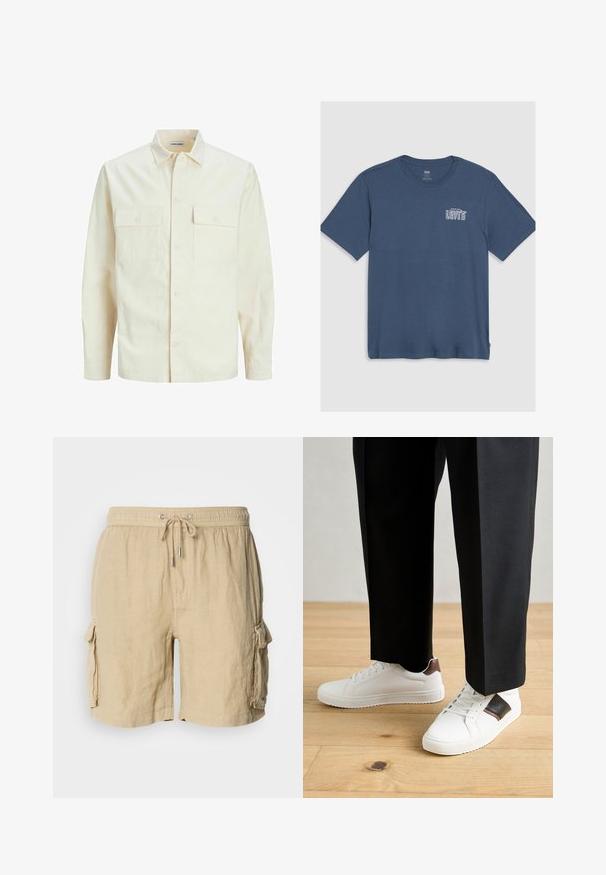 Šviesiai smėlio spalvos ilgomis rankovėmis marškiniai su apykakle, dviem priekinėmis kišenėmis, mygtukų uždarymu ir tekstūruota medžiaga.; Mėlyna medvilninė marškinėliai su apvalia iškirpte ir trumpomis rankovėmis. Kairėje krūtinės pusėje yra baltas "Levi's" logotipas. Paprastas dizainas.; Bežiniai kargo šortai, pagaminti iš lengvos medžiagos, su elastinga juosta ir raišteliu. Yra dvi šoninės kišenės ir tekstūruotas paviršius.; Balti sportbačiai su glotnia danga, puošti rudais odiniais akcentais ir juodais detalėmis, derinami su juodais pritaikytais kelnėmis. Medinių grindų fonas.
