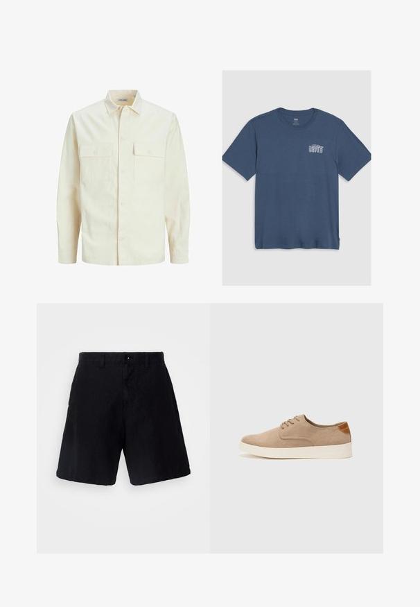 Világos bézs színű, hosszú ujjú ing, galléros nyakkal, két elülső zsebbel, gombos záródással és struktúrált anyaggal.; Kék pamut póló, kerek nyakkivágással és rövid ujjal. A bal mellen fehér "Levi's" logó található. Egyszerű dizájn.; Fekete rövidnadrág, könnyű anyagból, laza szabású, gombos záródással, övtartókkal és oldalsó zsebekkel.; Beige velúr sportcipő, kerek orral, fűzős elülső résszel és textúrált hátsó részlettel. Fehér gumitalp kontrasztot ad. Egyszerű és modern design.