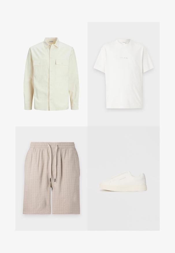 Light beige long-sleeve shirt with a collared neckline, two front pockets, button closure, and a textured fabric.; White cotton t-shirt with a crew neck, short sleeves, and a small printed logo on the front. Smooth texture and relaxed fit.; Beige, textured shorts with an elastic waistband and drawstring. Features a subtle check pattern and loose fit. No pockets visible.; White slip-on sneakers with a textured surface, a thick sole, and minimalistic design. Features brand logo on the side.