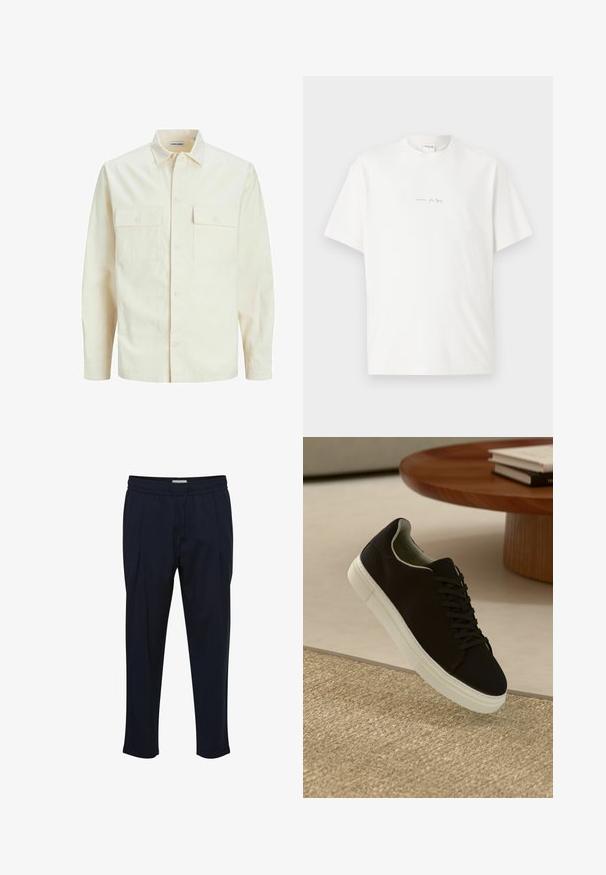 Gai bēšs garām piedurknēm krekls ar apkakles izgriezumu, divām priekšējām kabatām, pogu aizdari un teksturētu audumu.; Balts kokvilnas T-krekls ar apaļu kakla izgriezumu, īsām piedurknēm un mazu drukātu logotipu priekšā. Gluda tekstūra un brīvs griezums.; Tums gaiši zilas bikses ar regulējamu jostasvietu, ar krokām priekšā un sašaurinātu potīti. Izgatavotas no gludas, vieglas auduma.; Melni sporta apavi ar baltu zoli, kas peld virs bēša tekstūrēta paklāja netālu no apaļa koka galda ar sakrautiem grāmatām.