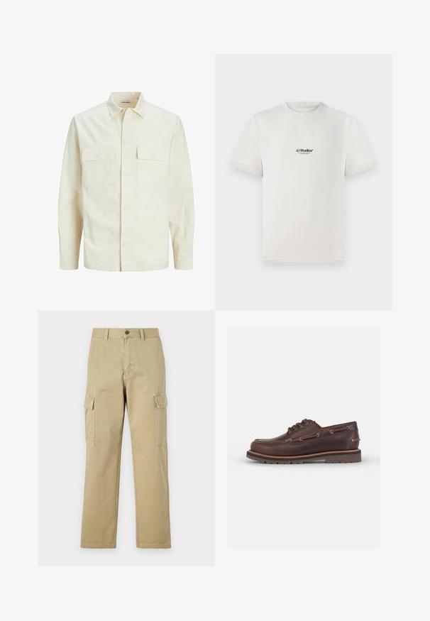 Svetlo bež srajca z dolgimi rokavi, ovratnim izrezom, dvema sprednjima žepoma, zapenjanjem na gumbe in teksturirano tkanino.; Bela bombažna majica s kratkimi rokavi, ki na prsih nosi črni logotip "JJ Studios". Ima krožni ovratnik in standardno prileganje.; Bež hlače s cargo krojem iz bombaža, z dvema stranskima žeparm, gumbom za zapiranje in ravnimi nogavicami iz rahlo teksturirane tkanine.; Rjav usnjeni čolnasti čevljek s zaobljenim nosom, šestim odprtinam za vezanje, kontrastnim šivom in teksturiranim gumijastim podplatom.