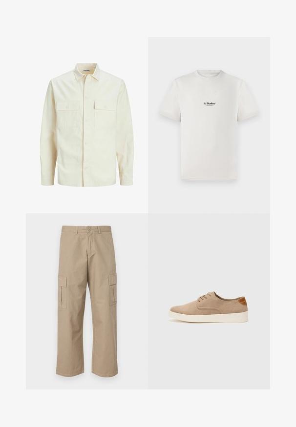 Light beige long-sleeve shirt with a collared neckline, two front pockets, button closure, and a textured fabric.; White cotton t-shirt with short sleeves, featuring a black "JJ Studios" logo on the chest. Crew neck and standard fit design.; Beige cargo pants with a straight leg design, featuring two side pockets and a standard button closure at the waist. Smooth cotton fabric.; Beige suede sneakers with a rounded toe, lace-up front, and a textured back accent. White rubber sole provides contrast. Simple and modern design.