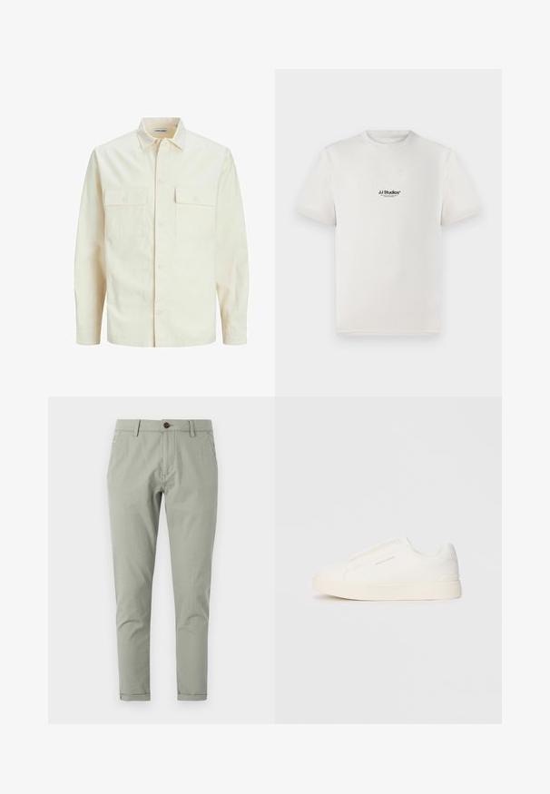 Camisa de manga larga color beige claro con cuello, dos bolsillos frontales, cierre de botones y una tela texturizada.; Camiseta de algodón blanca de manga corta, con un logo negro de "JJ Studios" en el pecho. Diseño de cuello redondo y ajuste estándar.; Chinos verdes a medida hechos de algodón liviano. Cuentan con un cierre de botón, bolsillos frontales y traseros, y un diseño de pierna ajustada.; Zapatillas blancas tipo slip-on con una superficie texturizada, suela gruesa y diseño minimalista. Presenta el logo de la marca en un lado.