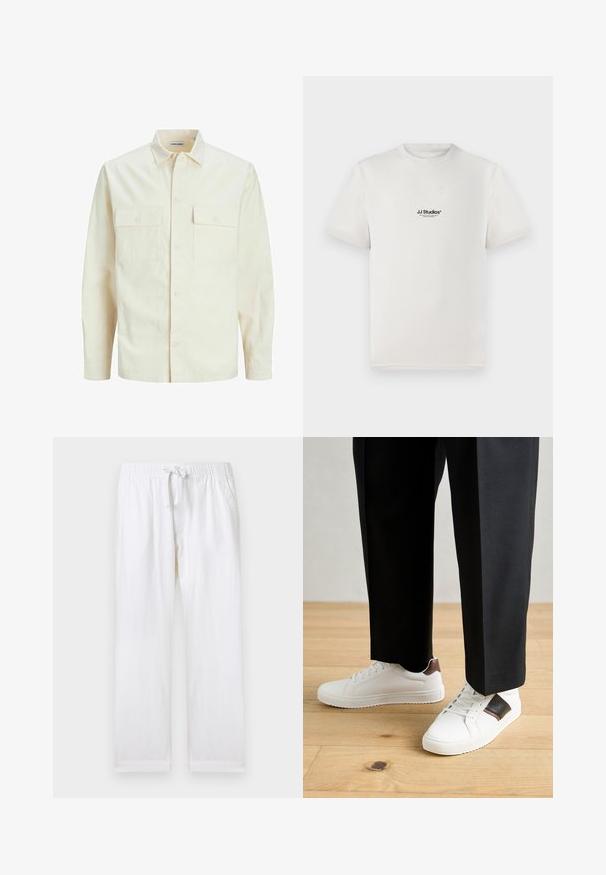 Világos bézs színű, hosszú ujjú ing, galléros nyakkal, két elülső zsebbel, gombos záródással és struktúrált anyaggal.; Fehér pamut póló rövid ujjakkal, a mellkasán fekete "JJ Studios" logóval. Kerek nyakú és standard fit kialakítás.; Fehér, laza szabású nadrág elasztikus derékkal és állítható húzózsinórral. Oldalsó zsebekkel és puha pamut textúrával rendelkezik.; Fehér sneaker, sima textúrával, barna bőr díszítéssel és fekete részletekkel, fekete szabott nadrággal párosítva. Fából készült padló háttér.