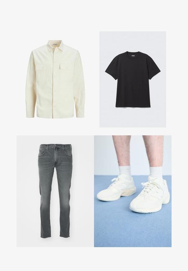 Svetlo béžová košeľa s dlhým rukávom, s golierom, dvoma prednými vreckami, zapínaním na gombíky a textúrovanou látkou.; Čierne tričko s krátkym rukávom vyrobené z bavlny. Má okrúhly výstrih a voľný strih. Jednoduchý dizajn bez vzorov alebo akcentov.; Sivé džínsy s rovným strihom, zapínanie na gombík, päť vreciek a jemné vyblednutie na prednej strane.; Biele športové tenisky s detailmi z sieťoviny a semišu, textúrovaná podrážka, guľatý tvar a šnurovanie, nosené s bielymi členkovými ponožkami.