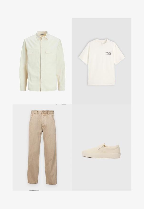 Lichtbeige langemouwen shirt met een kraaghalslijn, twee voorzakken, knoopsluiting en een gestructureerde stof.; Witte t-shirt met korte mouwen van katoen, voorzien van een zwarte grafische afbeelding op de linker borst met het woord "Fresh."; Beige denim jeans met een recht gesneden ontwerp, voorzien van voorzakken, een metalen knoopsluiting en een subtiele textuur.; Beige instap schoenen van canvas met een rubberen zool. Voorzien van elastische zijaccenten en een gladde textuur. Eenvoudig, afgerond ontwerp.