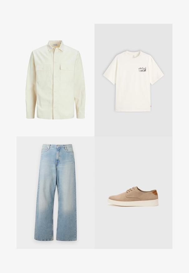 Chemise longue à manches longues beige clair avec un col, deux poches frontales, fermeture à boutons et un tissu texturé.; T-shirt blanc à manches courtes en coton, présentant un design graphique noir sur la zone gauche de la poitrine avec le mot "Fresh".; Jeans larges bleu clair en denim, dotés d'une taille haute, de poches avant et d'un délavage avec un léger usure au niveau des cuisses.; Baskets en daim beige avec un embout arrondi, un laçage sur le devant et un accent texturé à l'arrière. La semelle en caoutchouc blanche offre un contraste. Design simple et moderne.