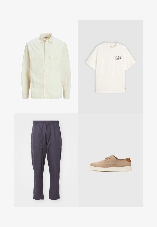 Hellbeige Langarmhemd mit klassischem Kragen, zwei Fronttaschen, Knopfverschluss und strukturiertem Stoff.; Weißes T-Shirt mit kurzen Ärmeln aus Baumwolle, mit einem schwarzen Grafikdesign auf der linken Brustseite, auf dem das Wort "Fresh" steht.; Dunkelgraue, leichte Hosen mit einem elastischen Bund, zwei Fronttaschen, geradem Bein-Design und glatter Textur.; Beige Wildleder-Sneaker mit runder Zehenpartie, Schnürung und strukturiertem Rückenteil. Die weiße Gummisohle sorgt für einen Kontrast. Einfaches und modernes Design.