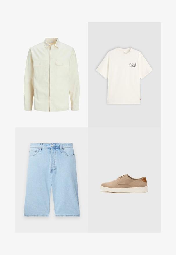 Svetlo bež srajca z dolgimi rokavi, ovratnim izrezom, dvema sprednjima žepoma, zapenjanjem na gumbe in teksturirano tkanino.; Bela kratka majica iz bombaža s črno grafiko na levem prsnem predelu, ki vsebuje besedo "Fresh."; Svetlo modri jeans kratki hlače z ravnim krojem, petimi žepi in sprednjim gumbom za zapiranje. Mehka tekstura z minimalnim bledenjem.; Bež tkanine usnjene superge z zaobljenim nosom, vezalkami na sprednji strani in teksturiranim zadnjim detajlom. Belo gumijasto podplato zagotavlja kontrast. Enostaven in sodoben dizajn.