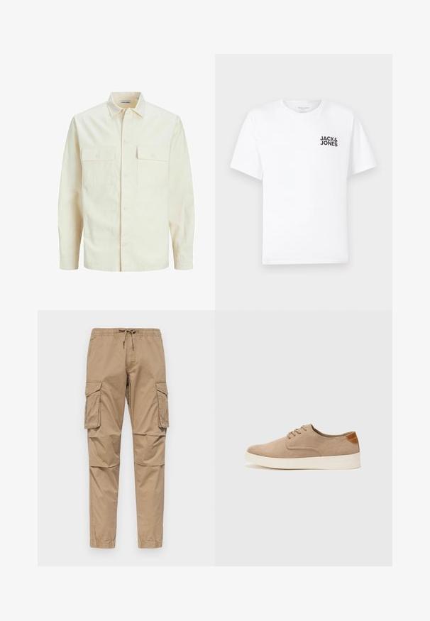 Svijetlo bež košulja dugih rukava s ovratnikom, dva prednja džepa, zatvaranje na dugmad i teksturirani materijal.; Bijela pamučna majica, kratki rukavi, okrugli izrez. Sadrži crni tekstualni logo "JACK & JONES" na lijevoj strani prsnog dijela. Jednostavan, običan dizajn.; Beige cargo hlače od pamuka, s elastičnom trakicom u struku, bočnim džepovima i suženim nogavicama sa ribanim rubovima.; Bež nubuk tenisice s okruglim vrhom, vezanjem sprijeda i teksturiranim stražnjim naglaskom. Bijela gumena potpetica pruža kontrast. Jednostavan i moderan dizajn.