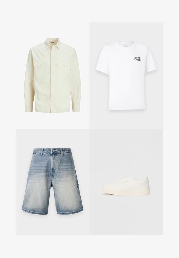 Gai bēšs garām piedurknēm krekls ar apkakles izgriezumu, divām priekšējām kabatām, pogu aizdari un teksturētu audumu.; Balts kokvilnas t-krekls, īsām piedurknēm, apaļo kakla izgriezumu. Uz kreisās krūts daļas ir melna teksta druka "JACK & JONES". Vienkāršs, bezpušķains dizains.; Denim šorti ar izbalējušu zilu krāsu, brīvu piegriezumu un tiešu griezumu. Satur piecas kabatas un jostas cilpas ar smalku nolietotu rakstu.; Baltas slip-on sporta apavi ar teksturētu virsmu, biezu zoli un minimālistisku dizainu. Sānos redzams zīmola logotips.