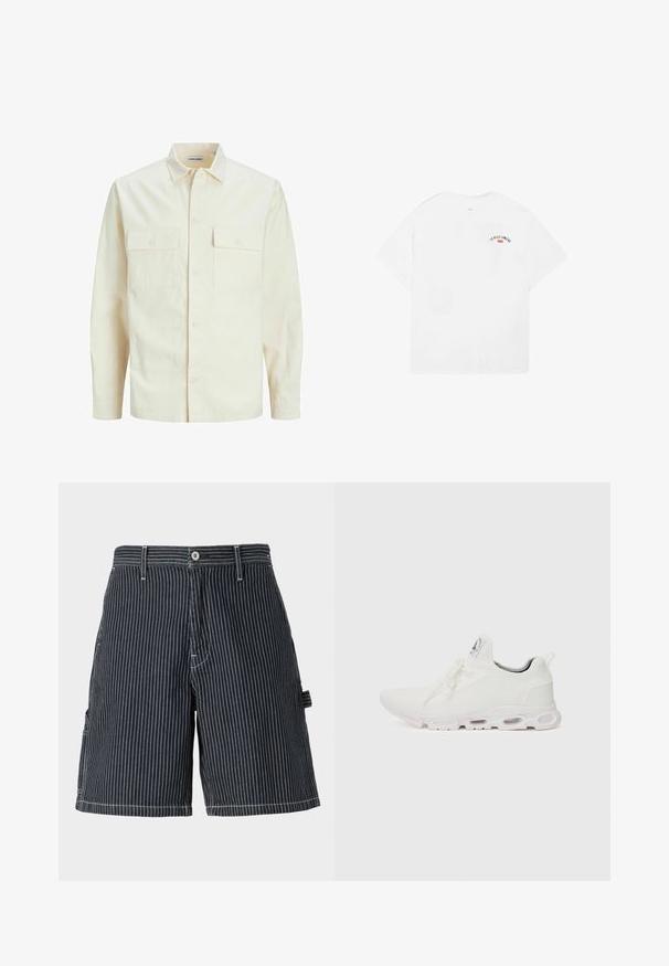 Lys beige langærmet skjorte med krave, to forlommer, knaplukning og et tekstureret stof.; Hvid bomulds t-shirt med korte ærmer, rund halsudskæring, og et lille grafisk motiv med teksten “LA VILLE LUMIÈRE” i sort og rød på den øverste del af ryggen.; Marine-stribede shorts lavet af bomuld med en afslappet pasform, der har sidelommer, bæltestropper og kontrasterende hvide syninger.; Hvide atletiske sko med en tekstureret strikket overdel, flade snørebånd og en polstret sål med synlige luftkamre for ekstra støtte.