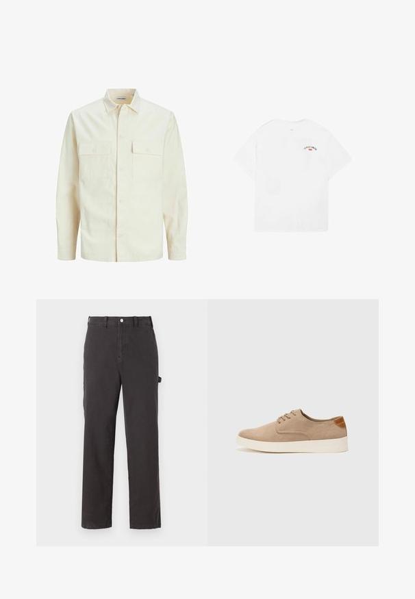 Light beige long-sleeve shirt with a collared neckline, two front pockets, button closure, and a textured fabric.; White cotton t-shirt with short sleeves, round neckline, and a small graphic reading “LA VILLE LUMIÈRE” in black and red on the upper back.; Dark gray cotton pants with a straight-leg design, featuring a front button closure and side pockets, made from durable fabric.; Beige suede sneakers with a rounded toe, lace-up front, and a textured back accent. White rubber sole provides contrast. Simple and modern design.