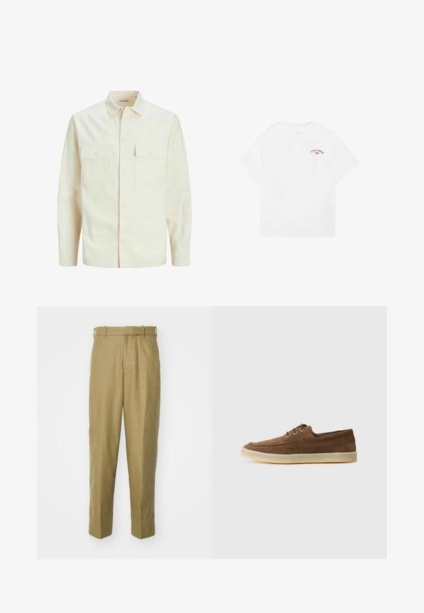 Jasno beżowa koszula z długim rękawem, z kołnierzykiem, dwoma kieszeniami z przodu, zapięciem na guziki i teksturowanym materiałem.; Biała bawełniana koszulka z krótkim rękawem, okrągłym dekoltem oraz małą grafiką z napisem "LA VILLE LUMIÈRE" w czerni i czerwieni na górnej części pleców.; Beżowe spodnie wykonane z fakturowanej tkaniny, z prostym krojem nogawek, szlufkami na pasek i plisami z przodu.; Brązowe zamszowe buty o niskim profilu, sznurowanym designie, gumowej podeszwie i kontrastowych detalach w szwie. Prosty i funkcjonalny styl.