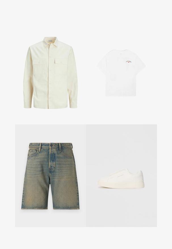 Camicia beige chiaro a maniche lunghe con colletto, due tasche frontali, chiusura a bottoni e un tessuto texturizzato.; T-shirt bianco in cotone con maniche corte, scollatura rotonda e una piccola grafica con la scritta "LA VILLE LUMIÈRE" in nero e rosso sulla parte superiore della schiena.; Pantaloni corti in denim di colore azzurro chiaro con una finitura sbiadita. Comprendono cinque tasche, chiusura con zip, bottone e cuciture robuste lungo i bordi.; Sneakers bianchi slip-on con superficie texturizzata, suola spessa e design minimalista. Presentano il logo del marchio sul lato.