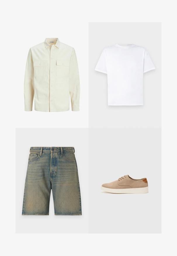 Lichtbeige langemouwen shirt met een kraaghalslijn, twee voorzakken, knoopsluiting en een gestructureerde stof.; Witte katoenen T-shirt met ronde hals en korte mouwen. Gladde textuur, rechte snit, geen patronen of accenten. Alleen achteraanzicht.; Lichte blauwe denim shorts met een vervaagde wassing. Bevat vijf zakken, een ritsopening, knoopsluiting en stevige stiksels langs de randen.; Beige suède sneakers met een ronde neus, vetersluiting aan de voorkant en een getextureerde achteraccent. De witte rubberen zool zorgt voor contrast. Eenvoudig en modern ontwerp.