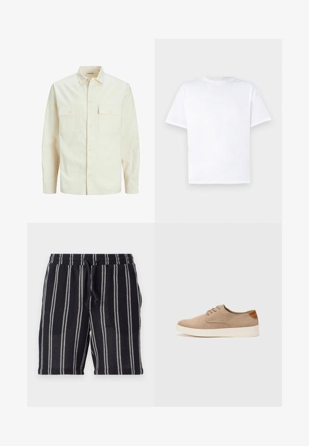 Šviesiai smėlio spalvos ilgomis rankovėmis marškiniai su apykakle, dviem priekinėmis kišenėmis, mygtukų uždarymu ir tekstūruota medžiaga.; Balta medvilninė marškinė su apvaliu kaklu ir trumpomis rankovėmis. Lygi tekstūra, tiesus kirpimas, be raštų ar akcentų. Tik užpakalinė pusė.; Juodos ir baltos juostelės šortai su elastine juosta, su raišteliu ir tekstūruota medžiaga. Pasibaigia viduryje šlaunies.; Bežiniai zomšiniai sportbačiai su apvaliomis pirštų dalimis, raišteliais priekyje ir tekstūruotu užkulniu. Balta guma suteikia kontrastą. Paprastas ir modernus dizainas.