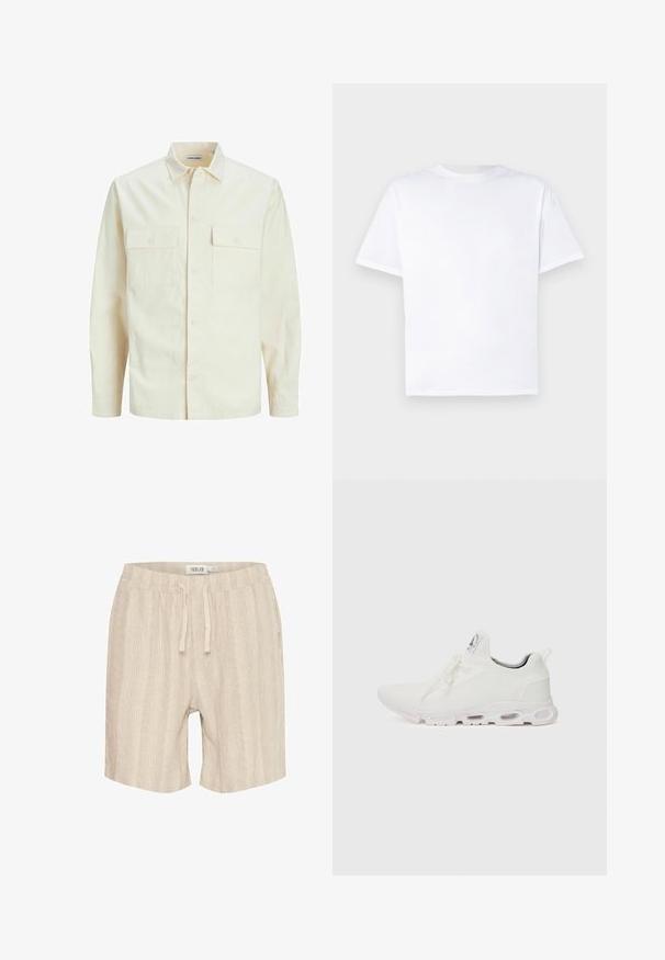 Camicia beige chiaro a maniche lunghe con colletto, due tasche frontali, chiusura a bottoni e un tessuto texturizzato.; T-shirt bianca in cotone con collo rotondo e maniche corte. Tessuto liscio, taglio dritto, senza motivi né dettagli. Solo vista posteriore.; Pantaloni corti in cotone beige con righe verticali, cintura elasticizzata, coulisse e tasche laterali. Texture morbida e design casual.; Scarpe atletiche bianche con tomaia in maglia testurizzata, lacci piatti e una suola ammortizzata con camere d'aria visibili per un supporto aggiuntivo.