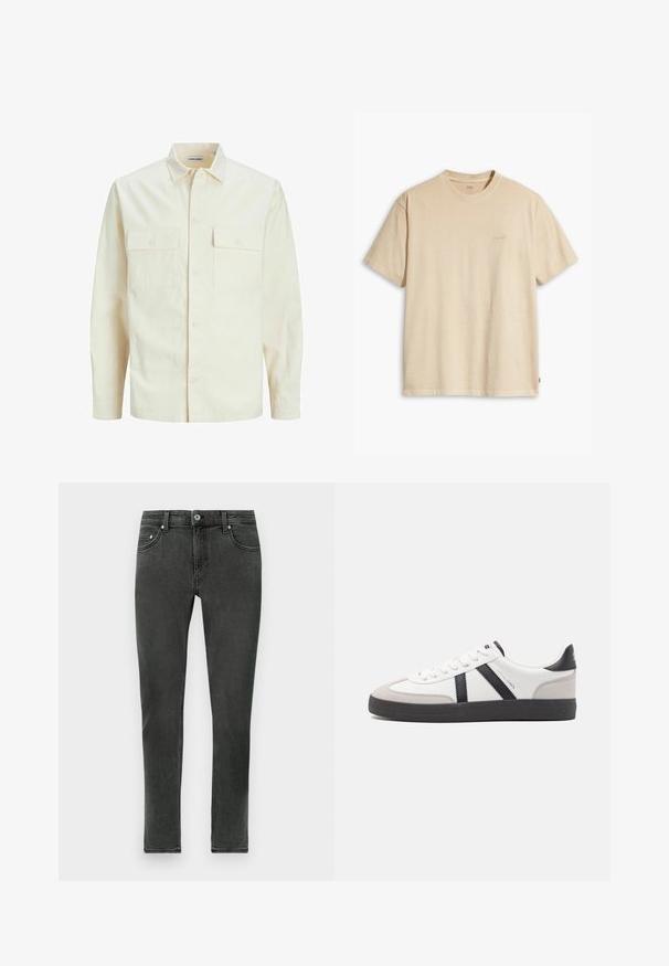 Cămașă lungă cu mâneci lungi de culoare bej deschis, cu guler, două buzunare frontale, închidere cu butoane și un material texturat.; Tricou din bumbac bej cu guler rotund și mâneci scurte. Prezintă un logo discret "Levi's" în aceeași culoare pe piept. Textură moale.; Blugi skinny gri închis, confecționați din denim cu o textură netedă, având închidere clasică cu nasture și un design standard cu cinci buzunare.; Sneaker alb cu accente negre și gri, având un capac de vârf gri texturat, talpă din cauciuc negru și șireturi plate albe. Design elegant, stil minimalist.