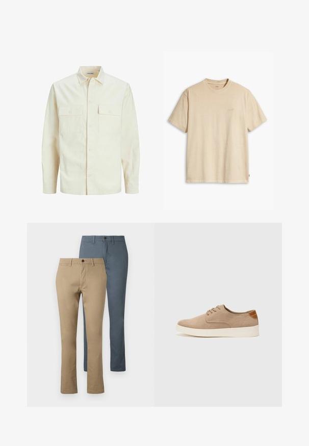 Világos bézs színű, hosszú ujjú ing, galléros nyakkal, két elülső zsebbel, gombos záródással és struktúrált anyaggal.; Beige pamut póló kerek nyakkal és rövid ujjakkal. Az elülső részen, ugyanabban a színben, egy diszkrét "Levi's" logó található. Puha tapintású.; Két pár egyenes lábú nadrág: az egyik khaki, a másik sötétkék. Pamutból készült, derékpánttal és gombos záródással rendelkezik.; Beige velúr sportcipő, kerek orral, fűzős elülső résszel és textúrált hátsó részlettel. Fehér gumitalp kontrasztot ad. Egyszerű és modern design.