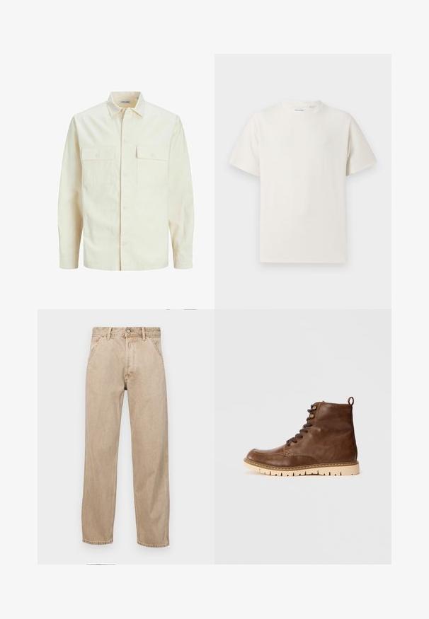 Light beige long-sleeve shirt with a collared neckline, two front pockets, button closure, and a textured fabric.; White short-sleeve T-shirt in a ribbed texture. Round neckline, relaxed fit, no visible patterns or accents. Simple and versatile design.; Beige denim jeans with a straight leg design, featuring front pockets, a metal button closure, and subtle texture.; Brown leather ankle boot with a textured finish, featuring round brown laces, a pull tab, and a light-colored rubber sole with grooves.