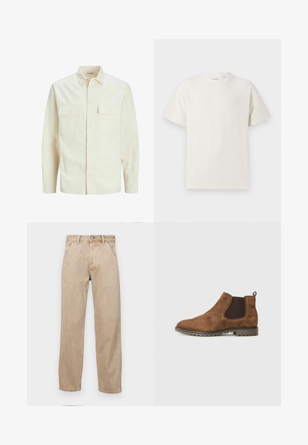 Camisa de manga larga color beige claro con cuello, dos bolsillos frontales, cierre de botones y una tela texturizada.; Camiseta blanca de manga corta en textura acanalada. Cuello redondo, corte relajado, sin patrones ni acentos visibles. Diseño simple y versátil.; Jeans de mezclilla beige con un diseño de pierna recta, que cuentan con bolsillos frontales, cierre de botón de metal y una textura sutil.; Botín Chelsea de ante marrón con paneles elásticos en los laterales, una lengüeta y una suela de goma texturizada con ranuras para mayor tracción.