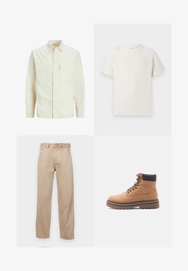 Svijetlo bež košulja dugih rukava s ovratnikom, dva prednja džepa, zatvaranje na dugmad i teksturirani materijal.; Bijela kratka majica s kratkim rukavima u rebrastoj teksturi. Okrugli izrez, ležeran kroj, bez vidljivih uzoraka ili akcenta. Jednostavan i svestran dizajn.; Bež teksas traperice ravnog kroja, s prednjim džepovima, metalnim zakopčavanjem i suptilnom teksturom.; Smeđi kožni planinarski čizmi s crnim jastučićem oko gležnja, metalnim očicama, smešnim vezicama i debelim smešnim solesom na beloj pozadini.