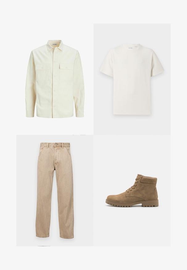 Chemise longue à manches longues beige clair avec un col, deux poches frontales, fermeture à boutons et un tissu texturé.; T-shirt blanc à manches courtes en texture côtelée. Encolure ronde, coupe décontractée, sans motifs ni accents visibles. Design simple et polyvalent.; Jeans en denim beige avec une coupe droite, dotés de poches avant, d'une fermeture à bouton en métal et d'une texture subtile.; Bottines en daim beige avec un bout arrondi, un col rembourré, six paires d'œillets et une épaisse semelle en caoutchouc présentant un motif strié.