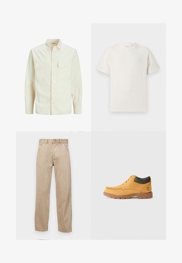 Svetlo bež srajca z dolgimi rokavi, ovratnim izrezom, dvema sprednjima žepoma, zapenjanjem na gumbe in teksturirano tkanino.; Bela majica s kratkimi rokavi iz rebraste tkanine. Okrogli izrez, sproščen kroj, brez vidnih vzorcev ali naglasov. Preprosta in vsestranska zasnova.; Beige jeans iz džinsa s ravnim nogavicama, ki imajo sprednje žepe, kovinsko zapiranje in subtilno teksturo.; Rumene usnjene čevlje s svetlo rjavim gumijastim podplatom, okroglim nosom in zelenim usnjenim detajlom na gležnju. Opremljeni so z zlatimi luknjicami in šivi.
