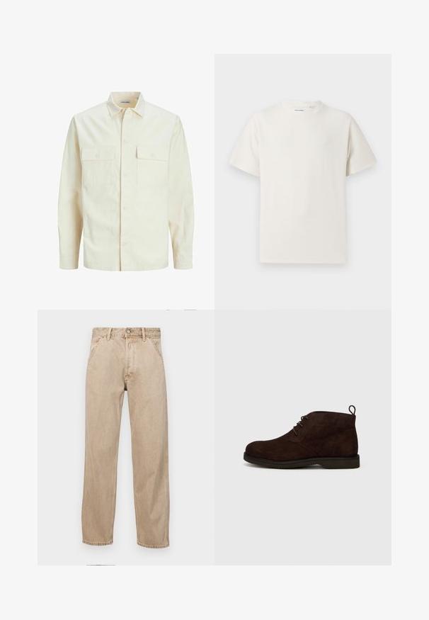 Svijetlo bež košulja dugih rukava s ovratnikom, dva prednja džepa, zatvaranje na dugmad i teksturirani materijal.; Bijela kratka majica s kratkim rukavima u rebrastoj teksturi. Okrugli izrez, ležeran kroj, bez vidljivih uzoraka ili akcenta. Jednostavan i svestran dizajn.; Bež teksas traperice ravnog kroja, s prednjim džepovima, metalnim zakopčavanjem i suptilnom teksturom.; Smeđe zamšaste čizme do gležnja s okruglim vrhom, koje imaju vezice i petnu petlju, postavljene na gumeni potplat s teksturiranom površinom.