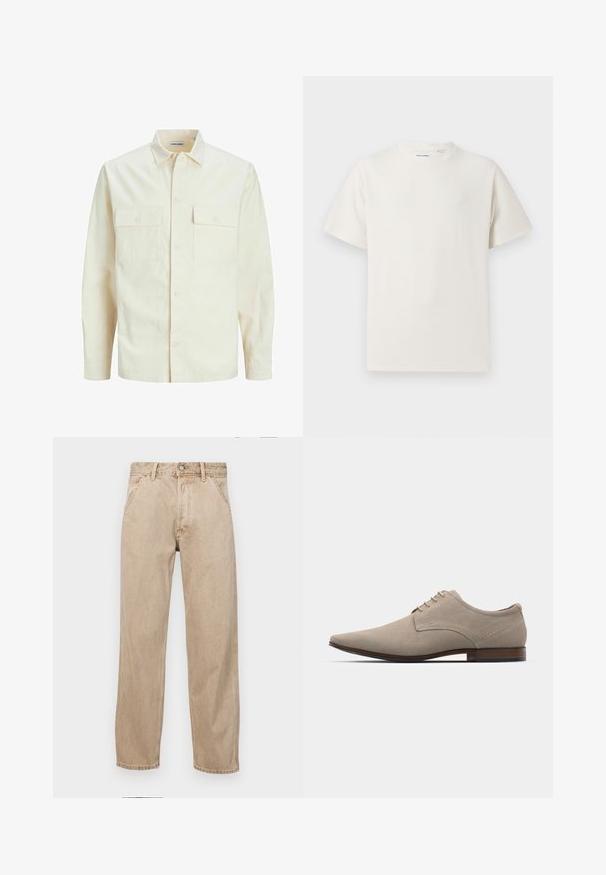 Gai bēšs garām piedurknēm krekls ar apkakles izgriezumu, divām priekšējām kabatām, pogu aizdari un teksturētu audumu.; Balta krūštura īsām piedurknēm ar ribota auduma faktūru. Apaļš kakla izgriezums, brīvs griezums, bez redzamām rakstām vai akcentiem. Vienkāršs un daudzpusīgs dizains.; Beige džinsi ar taisnu kāju dizainu, ar priekšējiem kabatām, metāla pogu aizdari un smalku faktūru.; Bežīgas šņorējamas kurpes no mīksta zamšāda, ar norādītu purngalu, minimālu šuvumu un koka papēdi. Gluda tekstūra un vienkāršs dizains.