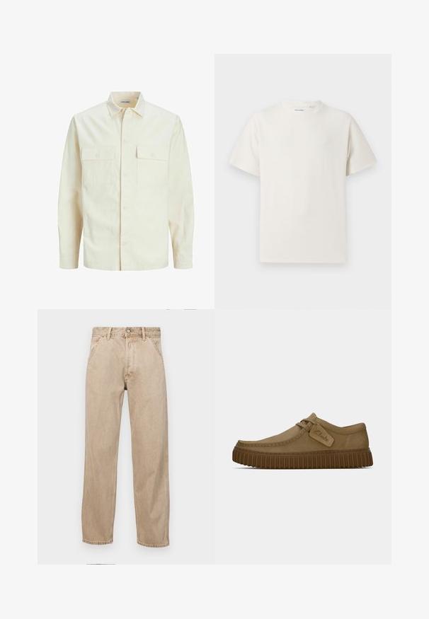 Kergedbež pika-särk pikkade varrukatega, krae ja kahe eespool asuva taskuga, nööpidega kinnitamine ja reljeefne materjal.; Valge lühikeste varrukatega T-särk ribakudumises. Ümar kaelus, mugav lõige, nähtavad mustrid ega aksessuaarid puuduvad. Lihtne ja mitmekesine disain.; Bežidemini teksased sirgjoonise kujundusega, front pocket'itega, metallist nööbi kinnitusega ja peene tekstuuriga.; Kerged pruunist nahksoost kingad, millel on ümar varvas, õmblustega detailid ja soonikkoes pruun kummitald. Omab külje peal sildi, millel on "Clarks" logo.