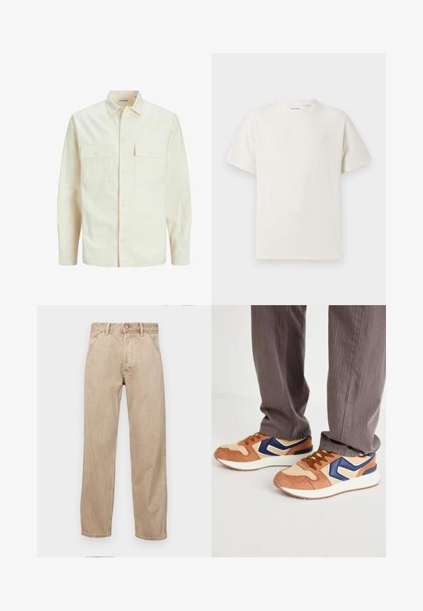 Világos bézs színű, hosszú ujjú ing, galléros nyakkal, két elülső zsebbel, gombos záródással és struktúrált anyaggal.; Fehér, rövid ujjú póló bordázott textúrával. Kerek nyakkivágás, laza szabás, nincs látható minta vagy díszítés. Egyszerű és sokoldalú dizájn.; Beige színű farmernadrág egyenes fazonnal, elülső zsebekkel, fém gombos záródással és diszkrét textúrával.; Barna nubuk és krémszínű szintetikus anyag keverékéből készült sportcipő, kék akcentussal és texturált talppal; barna cipőfűzőkkel; szürke csíkozott nadrággal viselve.