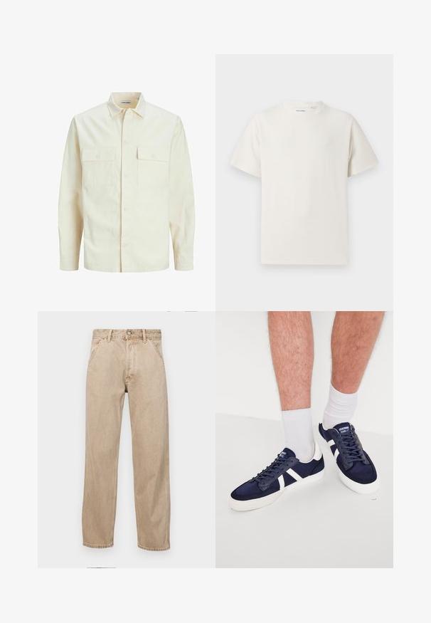 Cămașă lungă cu mâneci lungi de culoare bej deschis, cu guler, două buzunare frontale, închidere cu butoane și un material texturat.; Tricou alb cu maneci scurte, dintr-un material ribbed. Guler rotund, croi lejer, fără modele sau accente vizibile. Design simplu și versatil.; Jeans din denim bej cu un design drept, care prezintă buzunare frontale, închidere cu buton metalic și o textură subtilă.; Adidași bleumarin cu accente și șireturi albe, având un design elegant, din material textil și cauciuc, cu vârful și lateralele texturate.