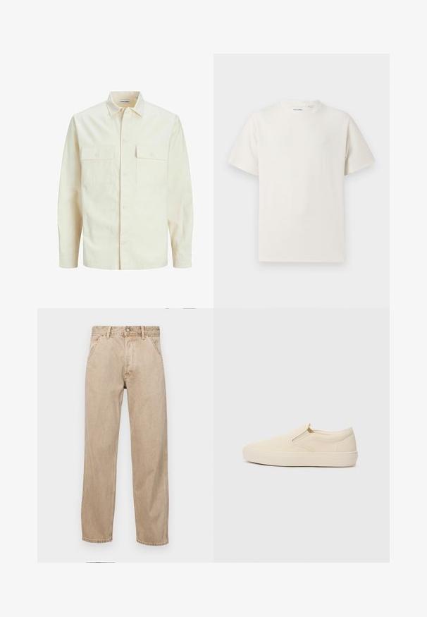 Kergedbež pika-särk pikkade varrukatega, krae ja kahe eespool asuva taskuga, nööpidega kinnitamine ja reljeefne materjal.; Valge lühikeste varrukatega T-särk ribakudumises. Ümar kaelus, mugav lõige, nähtavad mustrid ega aksessuaarid puuduvad. Lihtne ja mitmekesine disain.; Bežidemini teksased sirgjoonise kujundusega, front pocket'itega, metallist nööbi kinnitusega ja peene tekstuuriga.; Beige libisemisega jalatsid, mis on valmistatud kanvasesse ja millel on kummist tald. Omab elastseid külgmisi aktsente ja sujuvat tekstuuri. Lihtne, ümar disain.