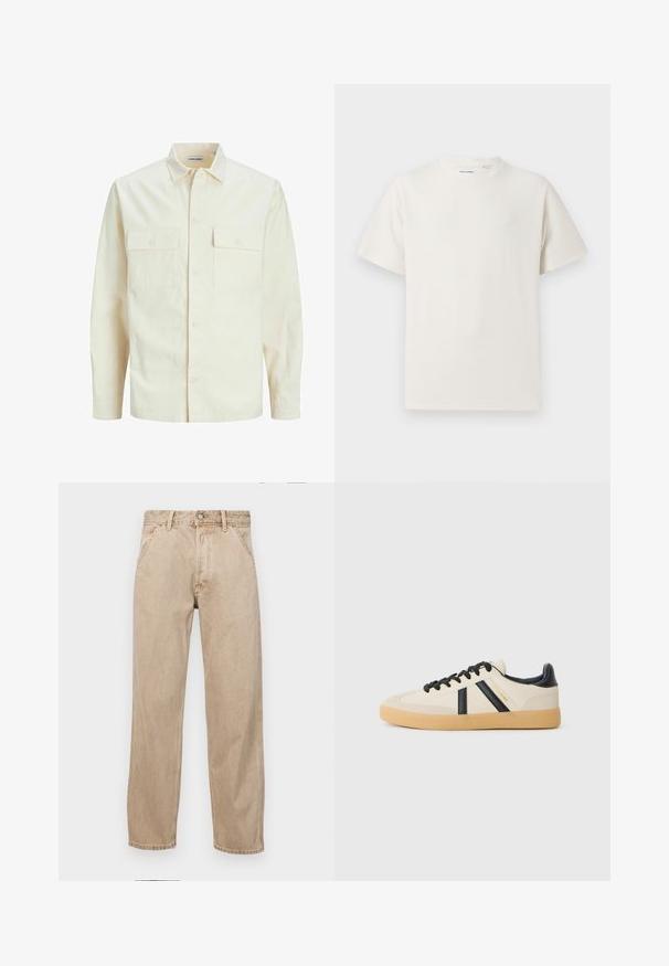 Hellbeige Langarmhemd mit klassischem Kragen, zwei Fronttaschen, Knopfverschluss und strukturiertem Stoff.; Weißes T-Shirt mit kurzen Ärmeln in gerippter Textur. Runder Ausschnitt, lockere Passform, keine sichtbaren Muster oder Akzente. Einfaches und vielseitiges Design.; Beige Denim-Jeans mit geradem Beinschnitt, ausgestattet mit Vordertaschen, einem Metallknopfverschluss und feiner Textur.; Legere Sneaker in Creme mit schwarzen Streifen, mit einer strukturierten Oberseite und einer Sohle aus Gummi. Die Schnürsenkel sind schwarz. Diskretes Logo an der Seite.