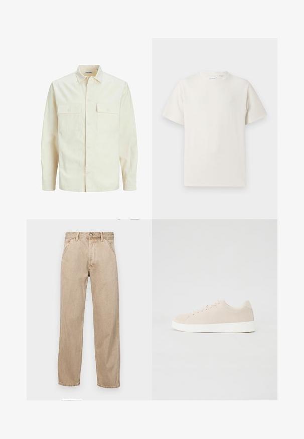 Svijetlo bež košulja dugih rukava s ovratnikom, dva prednja džepa, zatvaranje na dugmad i teksturirani materijal.; Bijela kratka majica s kratkim rukavima u rebrastoj teksturi. Okrugli izrez, ležeran kroj, bez vidljivih uzoraka ili akcenta. Jednostavan i svestran dizajn.; Bež teksas traperice ravnog kroja, s prednjim džepovima, metalnim zakopčavanjem i suptilnom teksturom.; Bež suede tenisice s bijelim gumeni potplatima, okruglim prstima i šest rupica za vezice. Glatka tekstura s minimalističkim dizajnom.
