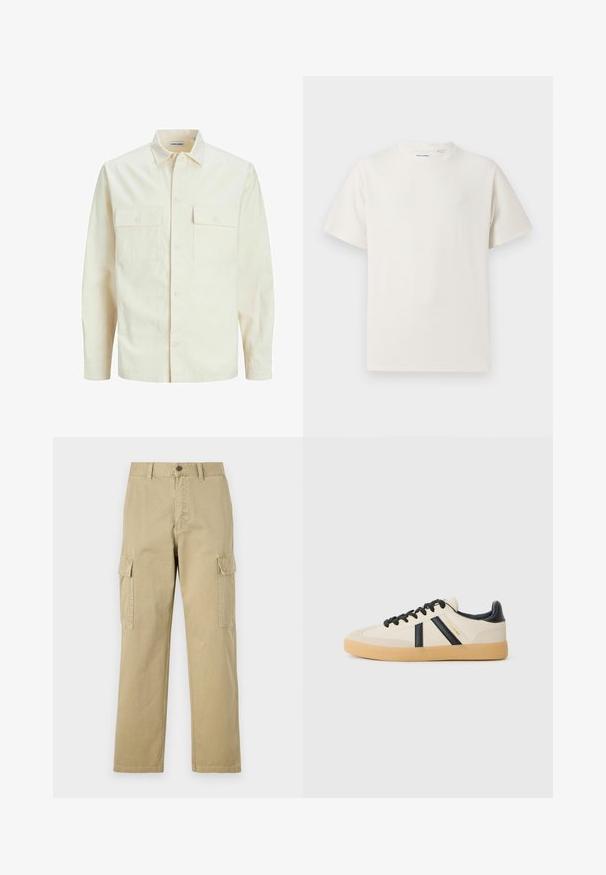 Šviesiai smėlio spalvos ilgomis rankovėmis marškiniai su apykakle, dviem priekinėmis kišenėmis, mygtukų uždarymu ir tekstūruota medžiaga.; Balta trumpa rankovė T-polo marškinėlių su juostelėmis tekstūra. Apvalus iškirpimas, laisvas fasonas, jokių matomų raštų ar akcentų. Paprastas ir universalus dizainas.; Kreminės spalvos cargos kelnės, pagamintos iš medvilnės, su dviem šoninėmis kišenėmis, mygtukų užsegimu ir tiesiomis kojomis, šiek tiek tekstūruotu audiniu.; Kreminiai sportiniai batai su juodomis juostelėmis, turintys tekstūruotą viršutinę dalį ir gumos padą. Šniūreliai juodi. Diskretiškas logotipas šone.