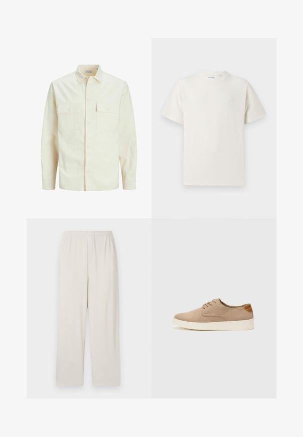 Svetlo bež srajca z dolgimi rokavi, ovratnim izrezom, dvema sprednjima žepoma, zapenjanjem na gumbe in teksturirano tkanino.; Bela majica s kratkimi rokavi iz rebraste tkanine. Okrogli izrez, sproščen kroj, brez vidnih vzorcev ali naglasov. Preprosta in vsestranska zasnova.; Bež ribane hlače širokega kroja z elastičnim pasom. Imajo vertikalne črte in mehko, teksturirano blago.; Bež tkanine usnjene superge z zaobljenim nosom, vezalkami na sprednji strani in teksturiranim zadnjim detajlom. Belo gumijasto podplato zagotavlja kontrast. Enostaven in sodoben dizajn.