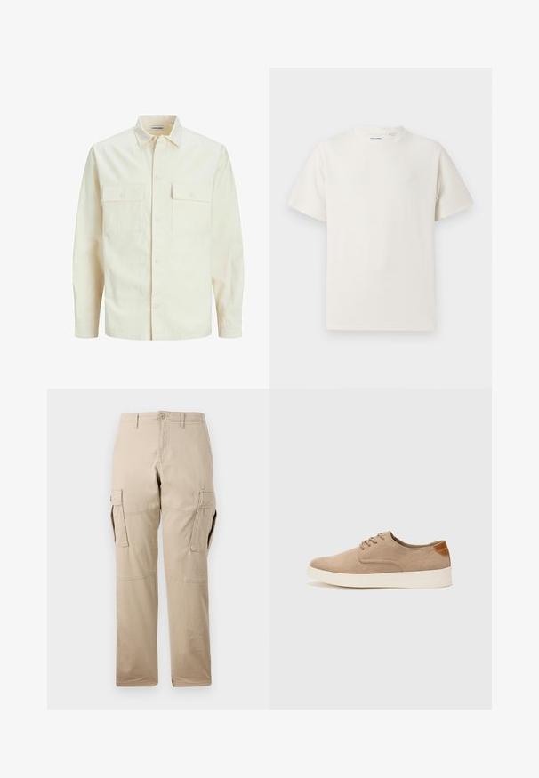 Light beige long-sleeve shirt with a collared neckline, two front pockets, button closure, and a textured fabric.; White short-sleeve T-shirt in a ribbed texture. Round neckline, relaxed fit, no visible patterns or accents. Simple and versatile design.; Beige cargo pants made of cotton, featuring a straight leg design, multiple side pockets, and a button closure. Smooth texture overall.; Beige suede sneakers with a rounded toe, lace-up front, and a textured back accent. White rubber sole provides contrast. Simple and modern design.