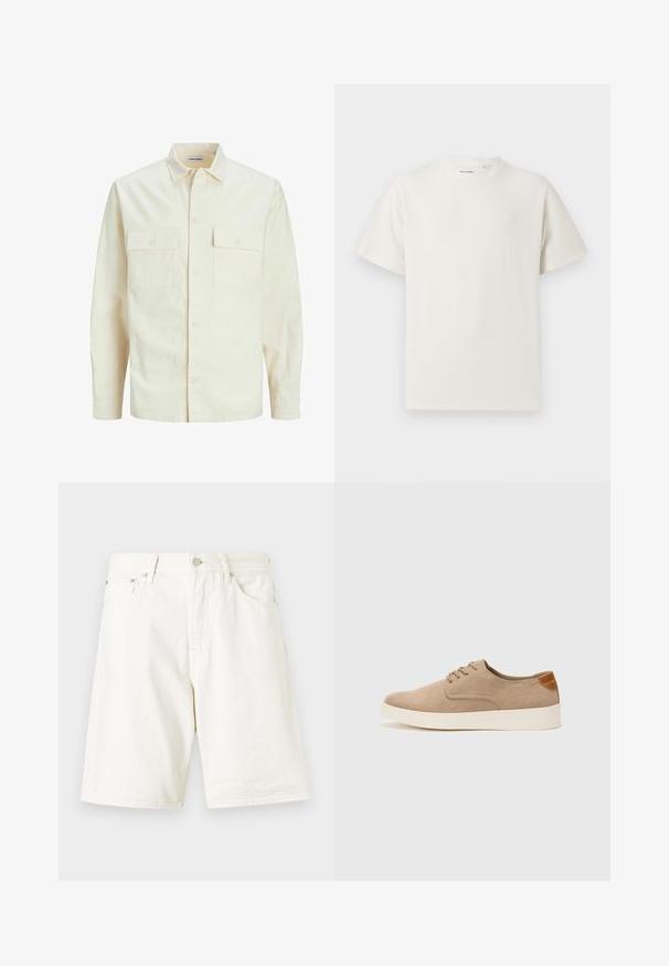 Hellbeige Langarmhemd mit klassischem Kragen, zwei Fronttaschen, Knopfverschluss und strukturiertem Stoff.; Weißes T-Shirt mit kurzen Ärmeln in gerippter Textur. Runder Ausschnitt, lockere Passform, keine sichtbaren Muster oder Akzente. Einfaches und vielseitiges Design.; Weiße Denim-Shorts mit geradem Schnitt, ausgestattet mit Gürtelschlaufen, einem Reißverschluss und zwei Fronttaschen. Glatte Textur und schlichtes Design.; Beige Wildleder-Sneaker mit runder Zehenpartie, Schnürung und strukturiertem Rückenteil. Die weiße Gummisohle sorgt für einen Kontrast. Einfaches und modernes Design.