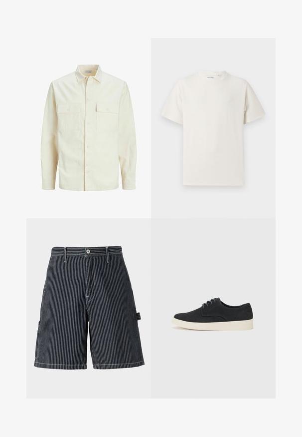 Camisa de manga larga color beige claro con cuello, dos bolsillos frontales, cierre de botones y una tela texturizada.; Camiseta blanca de manga corta en textura acanalada. Cuello redondo, corte relajado, sin patrones ni acentos visibles. Diseño simple y versátil.; Pantalones cortos a rayas en color navy, fabricados en algodón con cortes holgados, que cuentan con bolsillos laterales, presillas para el cinturón y detalles de costura en blanco contrastante.; Zapato negro de ante con cordones, punta redonda, suela ligera de color crema y sutiles acentos de costura azul en la parte superior.