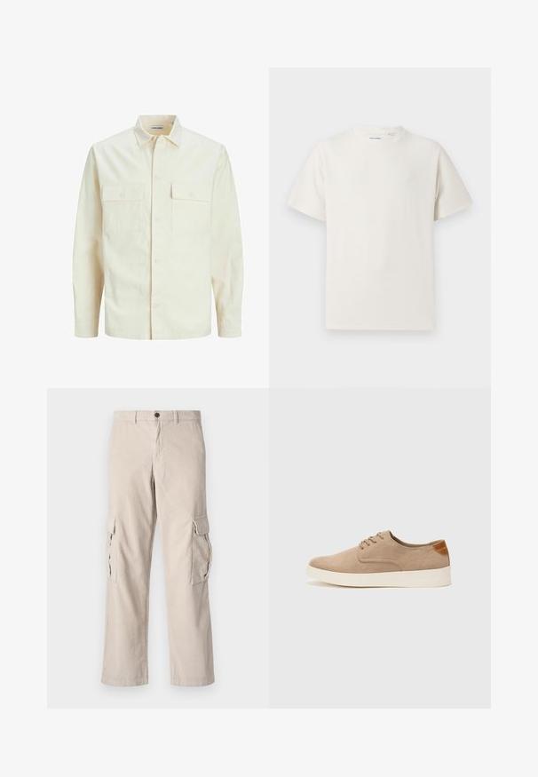 Jasno beżowa koszula z długim rękawem, z kołnierzykiem, dwoma kieszeniami z przodu, zapięciem na guziki i teksturowanym materiałem.; Biała krótka koszulka z krótkim rękawem o żebrowanej fakturze. Okrągły dekolt, luźny krój, brak widocznych wzorów lub akcentów. Prosty i uniwersalny design.; Beżowe spodnie cargo z korduroju z dwoma bocznymi kieszeniami, zapięciem na guzik i szerokimi nogawkami; wyróżniają się pionowym wrębieniem.; Beżowe zamszowe sneakersy z okrągłym noskiem, sznurowanym przodem i teksturowanym akcentem na tyle. Biała gumowa podeszwa tworzy kontrast. Prosty i nowoczesny design.