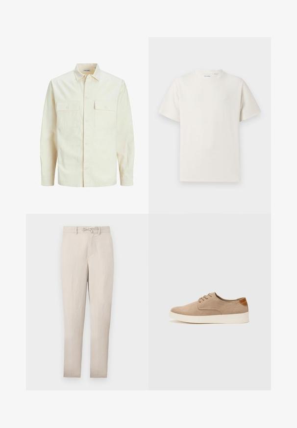 Camicia beige chiaro a maniche lunghe con colletto, due tasche frontali, chiusura a bottoni e un tessuto texturizzato.; T-shirt bianca a maniche corte in texture a coste. Girocollo, vestibilità rilassata, senza modelli o accenti visibili. Design semplice e versatile.; Pantaloni beige leggeri a gamba affusolata con vita regolabile, frontale piatto e minime pieghe. Presentano passanti per cintura e tasche laterali.; Sneaker in suede beige con punta arrotondata, stringhe davanti e un accento testurizzato sul retro. La suola in gomma bianca offre un contrasto. Design semplice e moderno.