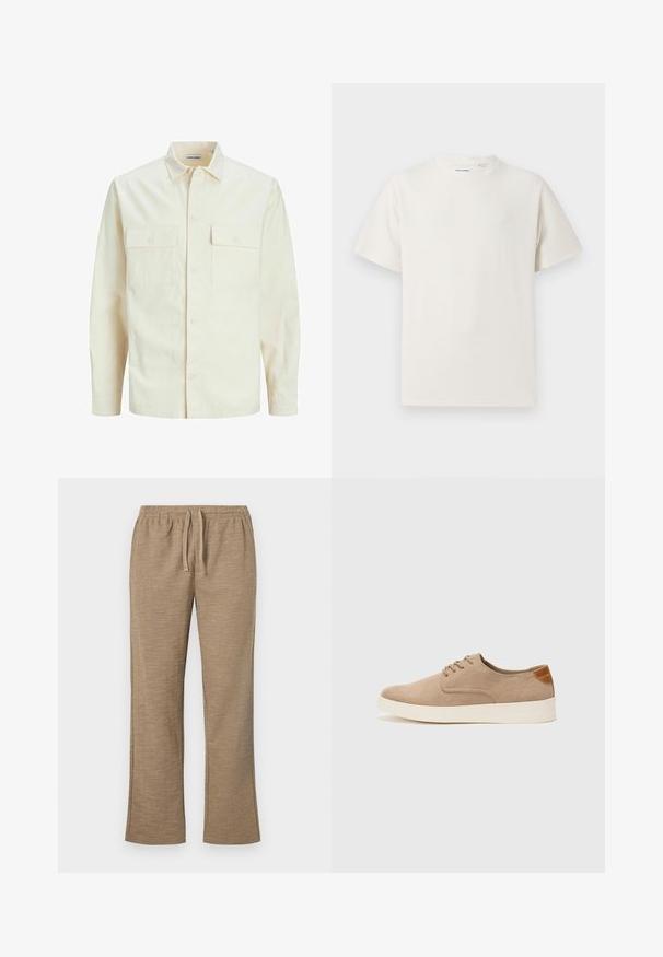 Light beige long-sleeve shirt with a collared neckline, two front pockets, button closure, and a textured fabric.; White short-sleeve T-shirt in a ribbed texture. Round neckline, relaxed fit, no visible patterns or accents. Simple and versatile design.; Beige pants with a textured pattern, featuring an elastic waistband with drawstring. Straight leg design with slight flared bottom.; Beige suede sneakers with a rounded toe, lace-up front, and a textured back accent. White rubber sole provides contrast. Simple and modern design.