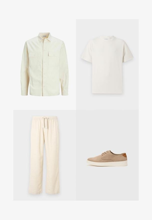 Lichtbeige langemouwen shirt met een kraaghalslijn, twee voorzakken, knoopsluiting en een gestructureerde stof.; Witte korte mouwen T-shirt met ribbelstructuur. Ronde hals, ontspannen pasvorm, geen zichtbare patronen of accenten. Eenvoudig en veelzijdig ontwerp.; Linnenmix wijdere broek in off-white, met een elastische tailleband en een trekkoord. Soepele textuur en een volle lengte ontwerp.; Beige suède sneakers met een ronde neus, vetersluiting aan de voorkant en een getextureerde achteraccent. De witte rubberen zool zorgt voor contrast. Eenvoudig en modern ontwerp.