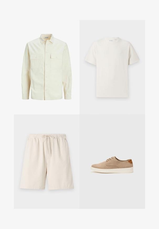 Világos bézs színű, hosszú ujjú ing, galléros nyakkal, két elülső zsebbel, gombos záródással és struktúrált anyaggal.; Fehér, rövid ujjú póló bordázott textúrával. Kerek nyakkivágás, laza szabás, nincs látható minta vagy díszítés. Egyszerű és sokoldalú dizájn.; Világos bézs bordázott rövidnadrág rugalmas derékrésszel és zsinórral. Oldalsó zsebekkel és laza fazonnal rendelkezik. Pamut keverék anyag.; Beige velúr sportcipő, kerek orral, fűzős elülső résszel és textúrált hátsó részlettel. Fehér gumitalp kontrasztot ad. Egyszerű és modern design.