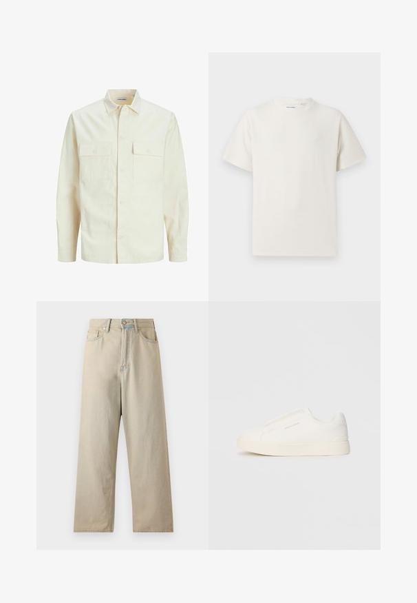 Vaaleanbeige pitkähihaisen paidan, jossa on kaulukset, kaksi etutaskua, nappikiinnitys ja tekstiilissä on tekstuuria.; Valkoinen lyhythihainen T-paita ribbikuviossa. Pyöreä kaula-aukko, rento istuvuus, ei näkyviä kuvioita tai yksityiskohtia. Yksinkertainen ja monikäyttöinen muotoilu.; Vaaleanbeige leveälahkeiset farkut, joissa on korkea vyötärö, valmistettu denimkankaasta. Ominaisuuksiin kuuluu klassinen viisi taskua -tyyli ja hillitty haalistuminen.; Valkoiset liukusukat, joissa on teksturoitu pinta, paksu pohja ja minimalistikot. Sivulla on brändin logo.