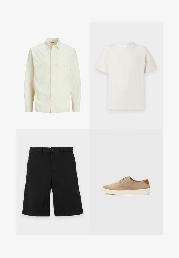 Jasno beżowa koszula z długim rękawem, z kołnierzykiem, dwoma kieszeniami z przodu, zapięciem na guziki i teksturowanym materiałem.; Biała krótka koszulka z krótkim rękawem o żebrowanej fakturze. Okrągły dekolt, luźny krój, brak widocznych wzorów lub akcentów. Prosty i uniwersalny design.; Czarne spodenki wykonane z bawełny, z płaskim przodem, z zapięciem na guzik i bocznymi kieszeniami, bez widocznych wzorów ani akcentów.; Beżowe zamszowe sneakersy z okrągłym noskiem, sznurowanym przodem i teksturowanym akcentem na tyle. Biała gumowa podeszwa tworzy kontrast. Prosty i nowoczesny design.